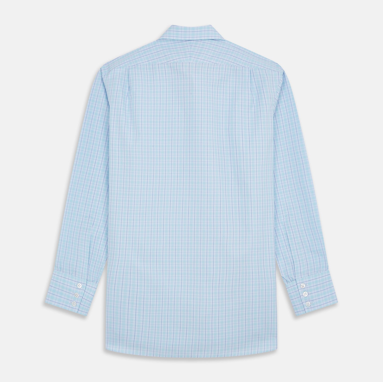 View 5 of product The Turnbull & Asser Pale Blue and Green Multi Check Cotton Regular Fit Mayfair Shirt features a classic collar, long sleeves, white buttons, and a subtle checkered pattern—an essential for any men’s wardrobe, shown on a plain white background.