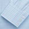 View 3 of product The Turnbull & Asser Pale Blue and Green Multi Check Cotton Regular Fit Mayfair Shirt features a classic collar, long sleeves, white buttons, and a subtle checkered pattern—an essential for any men’s wardrobe, shown on a plain white background.