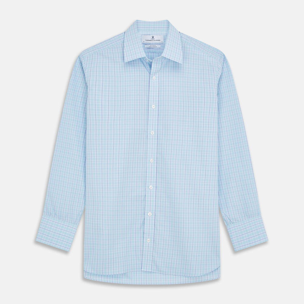 The Turnbull & Asser Pale Blue and Green Multi Check Cotton Regular Fit Mayfair Shirt features a classic collar, long sleeves, white buttons, and a subtle checkered pattern—an essential for any men’s wardrobe, shown on a plain white background.