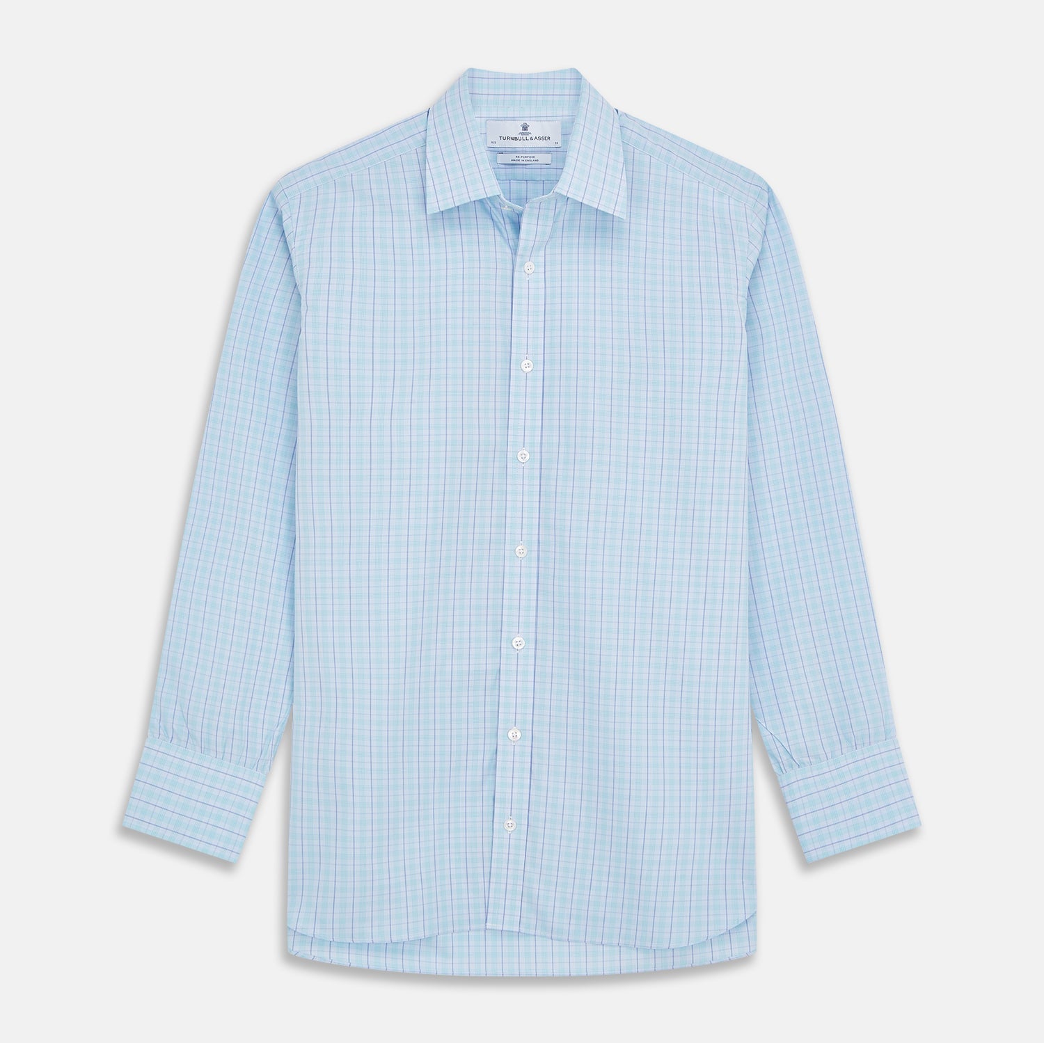 View 1 of product The Turnbull & Asser Pale Blue and Green Multi Check Cotton Regular Fit Mayfair Shirt features a classic collar, long sleeves, white buttons, and a subtle checkered pattern—an essential for any men’s wardrobe, shown on a plain white background.