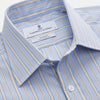View 4 of product The Turnbull & Asser Blue and Yellow Multi Stripe Cotton Regular Fit Mayfair Shirt features thin vertical stripes in white, blue, and tan, a collared design with white buttons—an essential formal staple for any man’s wardrobe.