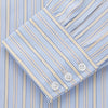 View 2 of product The Turnbull & Asser Blue and Yellow Multi Stripe Cotton Regular Fit Mayfair Shirt features thin vertical stripes in white, blue, and tan, a collared design with white buttons—an essential formal staple for any man’s wardrobe.