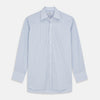 View 1 of product The Turnbull & Asser Blue and Yellow Multi Stripe Cotton Regular Fit Mayfair Shirt features thin vertical stripes in white, blue, and tan, a collared design with white buttons—an essential formal staple for any man’s wardrobe.