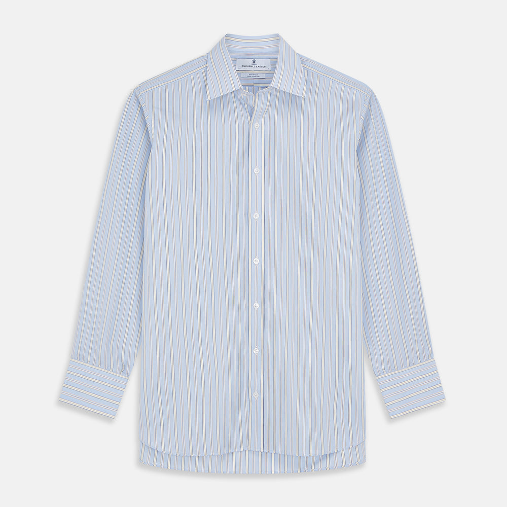 The Turnbull & Asser Blue and Yellow Multi Stripe Cotton Regular Fit Mayfair Shirt features thin vertical stripes in white, blue, and tan, a collared design with white buttons—an essential formal staple for any man’s wardrobe.