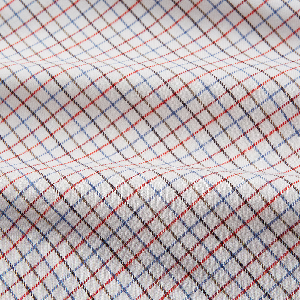 The Pink Tattersall Check Cashmerello Regular Fit Mayfair Shirt by Turnbull & Asser features a T&A collar and a red, blue, and white check pattern. The long-sleeve shirt is displayed flat against a white background.