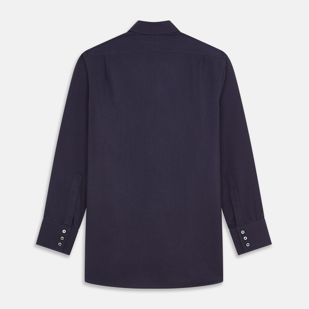 The Turnbull & Asser Navy Cotton and Wool Blend Regular Fit Mayfair Shirt features long sleeves, white buttons, a classic collar, and cuffed sleeves—a refined addition to the Mayfair collection.