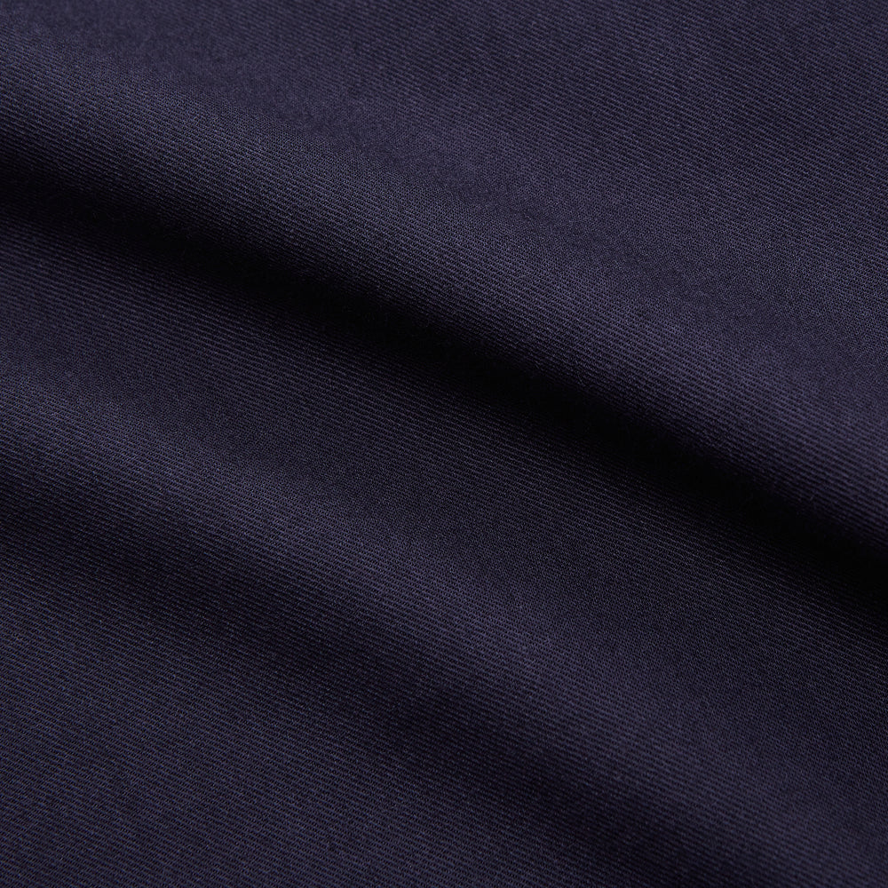 The Turnbull & Asser Navy Cotton and Wool Blend Regular Fit Mayfair Shirt features long sleeves, white buttons, a classic collar, and cuffed sleeves—a refined addition to the Mayfair collection.
