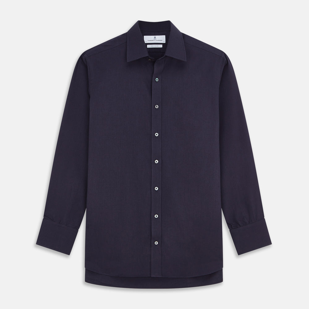 The Turnbull & Asser Navy Cotton and Wool Blend Regular Fit Mayfair Shirt features long sleeves, white buttons, a classic collar, and cuffed sleeves—a refined addition to the Mayfair collection.