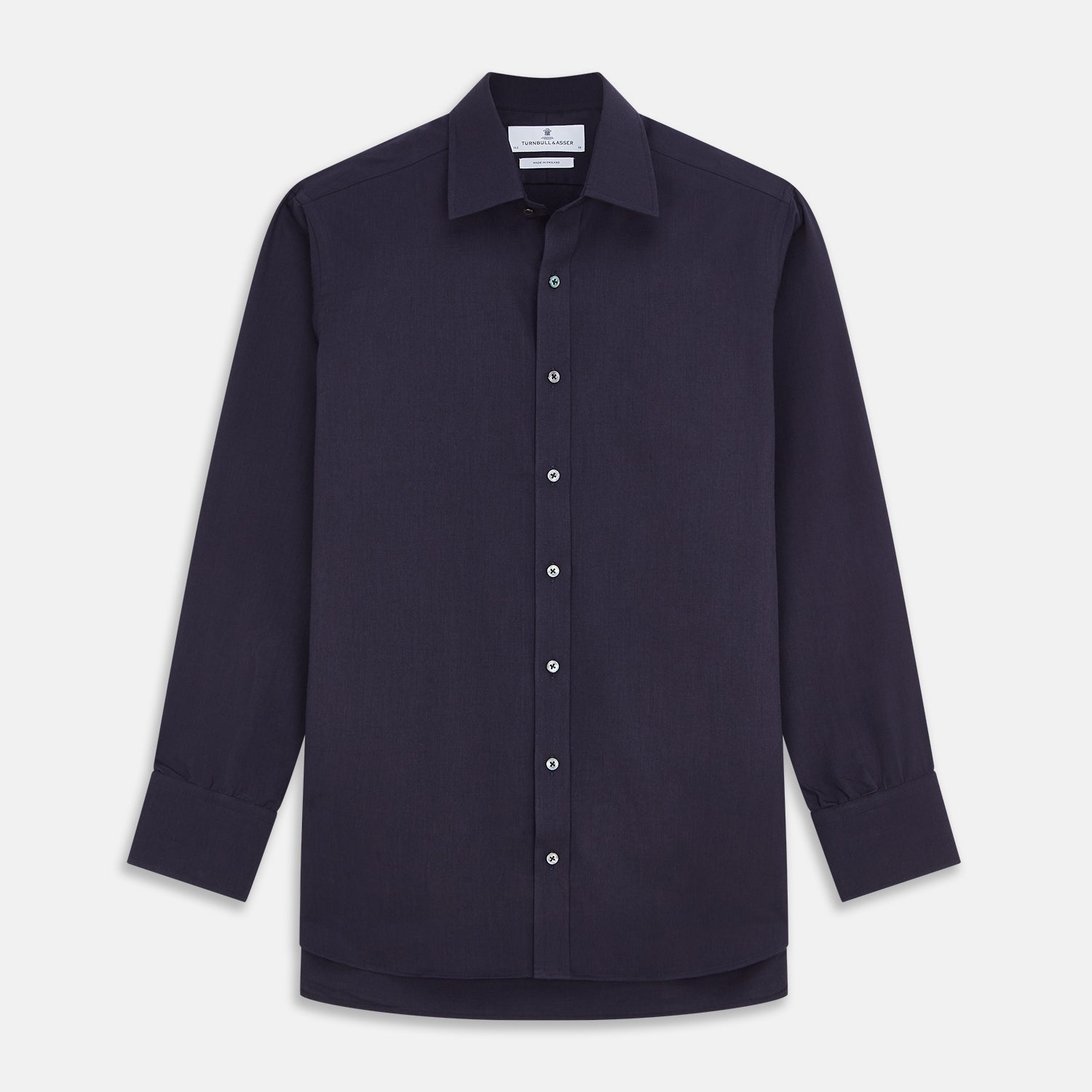 View 1 of product The Turnbull & Asser Navy Cotton and Wool Blend Regular Fit Mayfair Shirt features long sleeves, white buttons, a classic collar, and cuffed sleeves—a refined addition to the Mayfair collection.