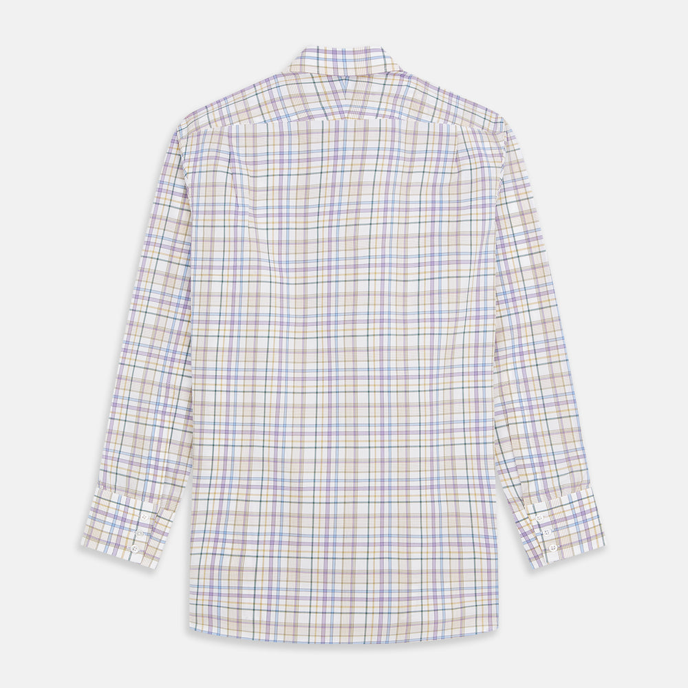 The Turnbull & Asser Colourful Garden Multi Check Cotton Regular Fit Mayfair Shirt, featuring a collar and buttoned cuffs, is laid flat on a white surface.