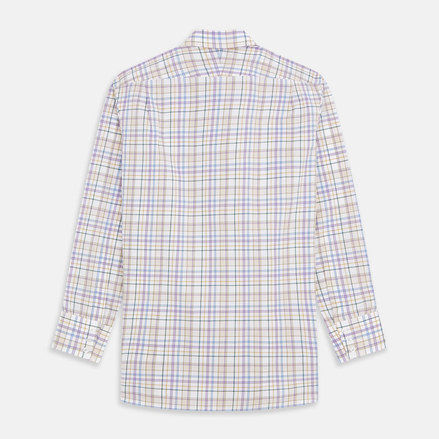 View 5 of product The Turnbull & Asser Colourful Garden Multi Check Cotton Regular Fit Mayfair Shirt, featuring a collar and buttoned cuffs, is laid flat on a white surface.