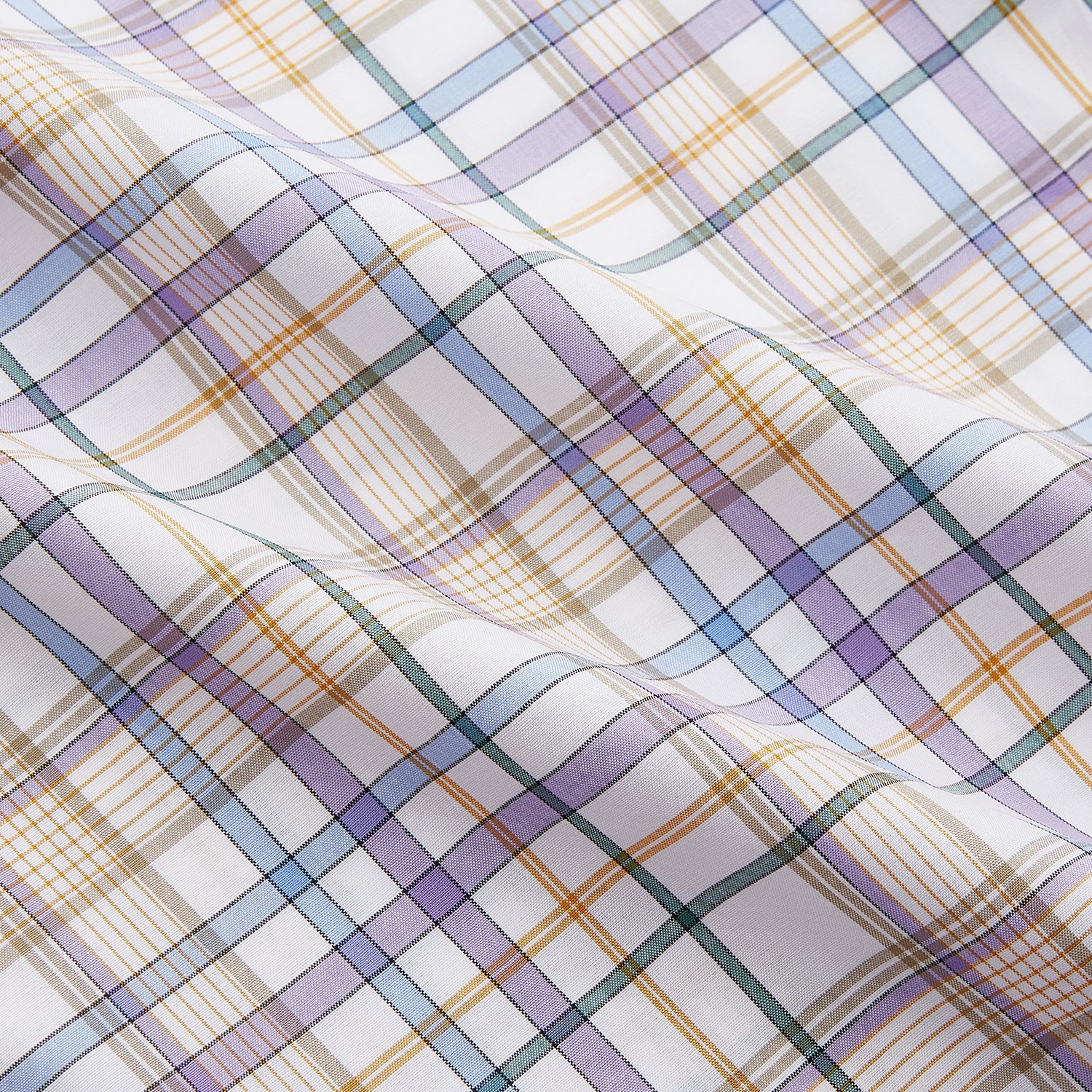 View 3 of product The Turnbull & Asser Colourful Garden Multi Check Cotton Regular Fit Mayfair Shirt, featuring a collar and buttoned cuffs, is laid flat on a white surface.