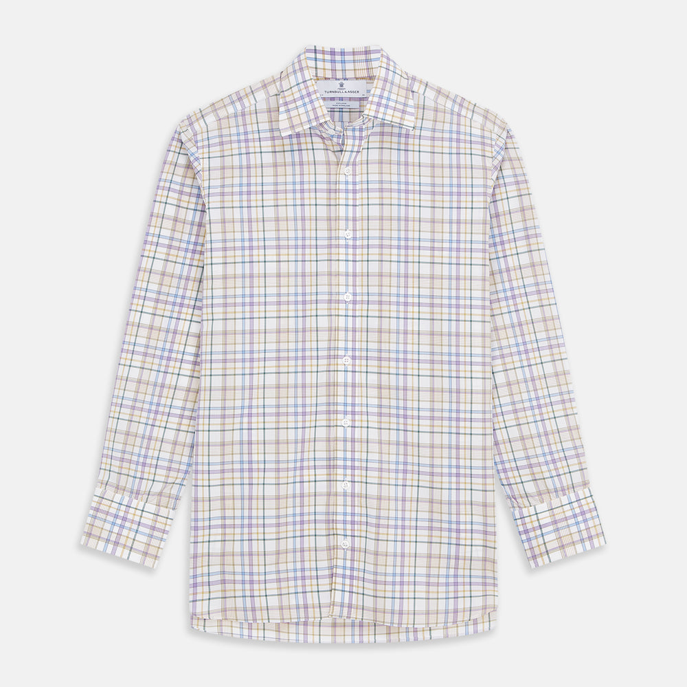 The Turnbull & Asser Colourful Garden Multi Check Cotton Regular Fit Mayfair Shirt, featuring a collar and buttoned cuffs, is laid flat on a white surface.