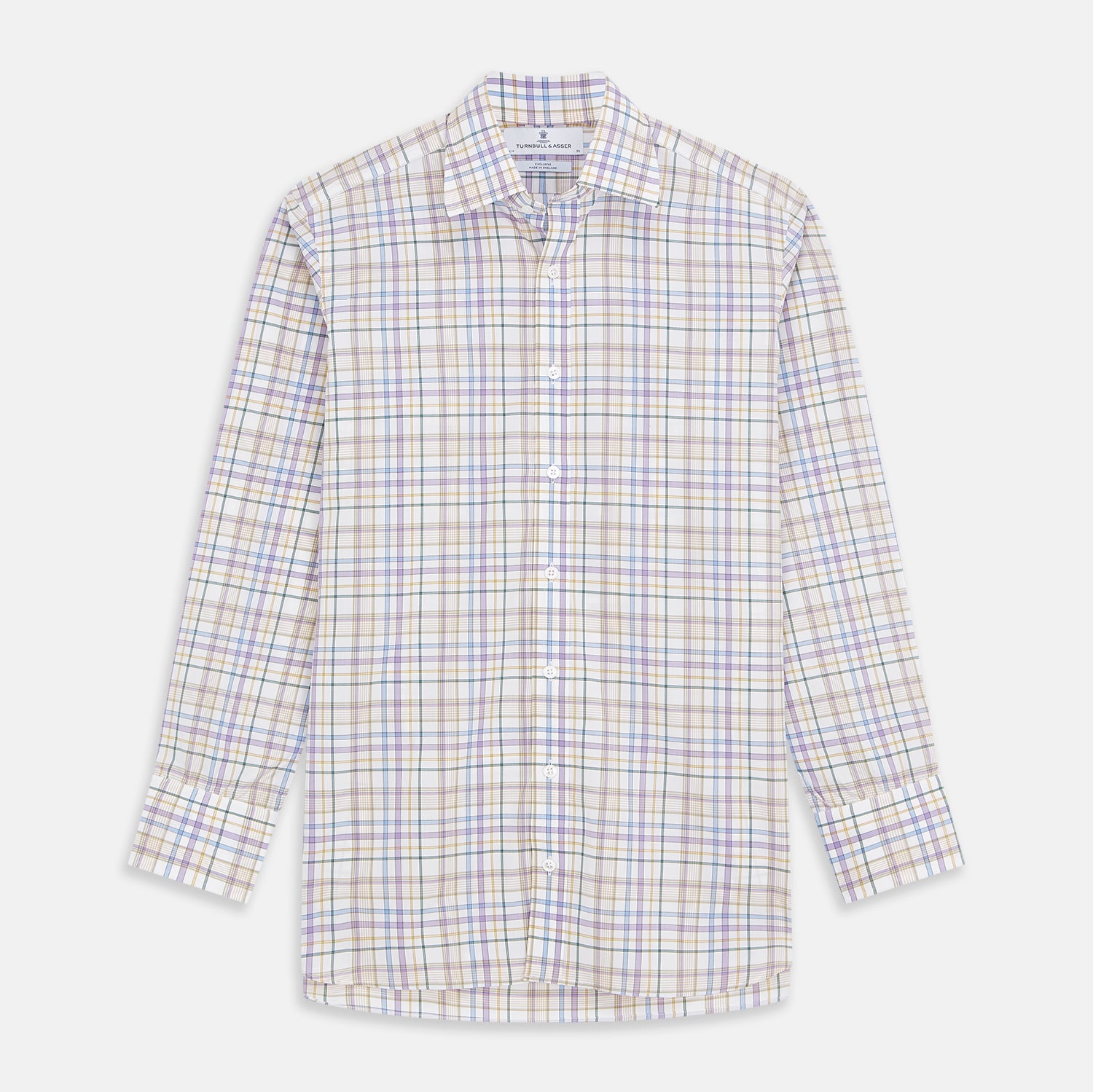 View 1 of product The Turnbull & Asser Colourful Garden Multi Check Cotton Regular Fit Mayfair Shirt, featuring a collar and buttoned cuffs, is laid flat on a white surface.