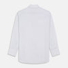 View 5 of product The Turnbull & Asser White and Blue Halo Stripe Cotton Regular Fit Mayfair Shirt features thin vertical stripes, a classic collar, and cuffed long sleeves—an essential men's formal shirt shown laid flat on a white background.