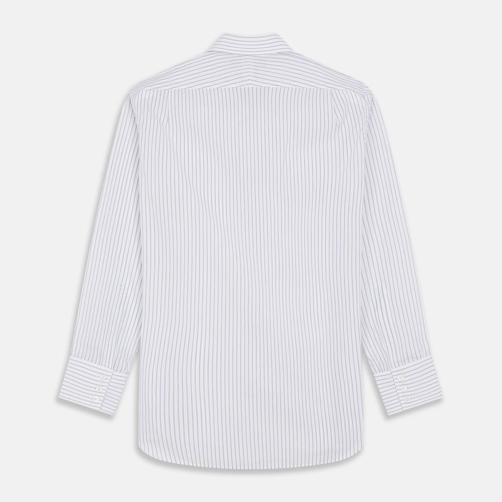 The Turnbull & Asser White and Blue Halo Stripe Cotton Regular Fit Mayfair Shirt features thin vertical stripes, a classic collar, and cuffed long sleeves—an essential men's formal shirt shown laid flat on a white background.