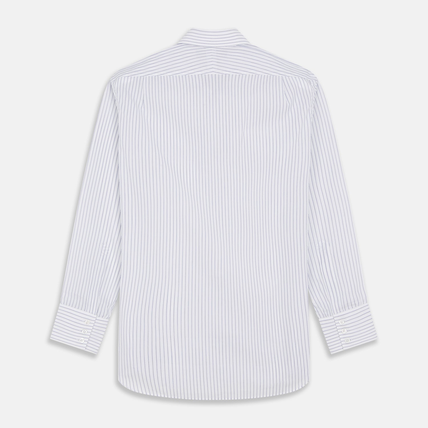 View 5 of product The Turnbull & Asser White and Blue Halo Stripe Cotton Regular Fit Mayfair Shirt features thin vertical stripes, a classic collar, and cuffed long sleeves—an essential men's formal shirt shown laid flat on a white background.