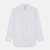 View 1 of product The Turnbull & Asser White and Blue Halo Stripe Cotton Regular Fit Mayfair Shirt features thin vertical stripes, a classic collar, and cuffed long sleeves—an essential men's formal shirt shown laid flat on a white background.