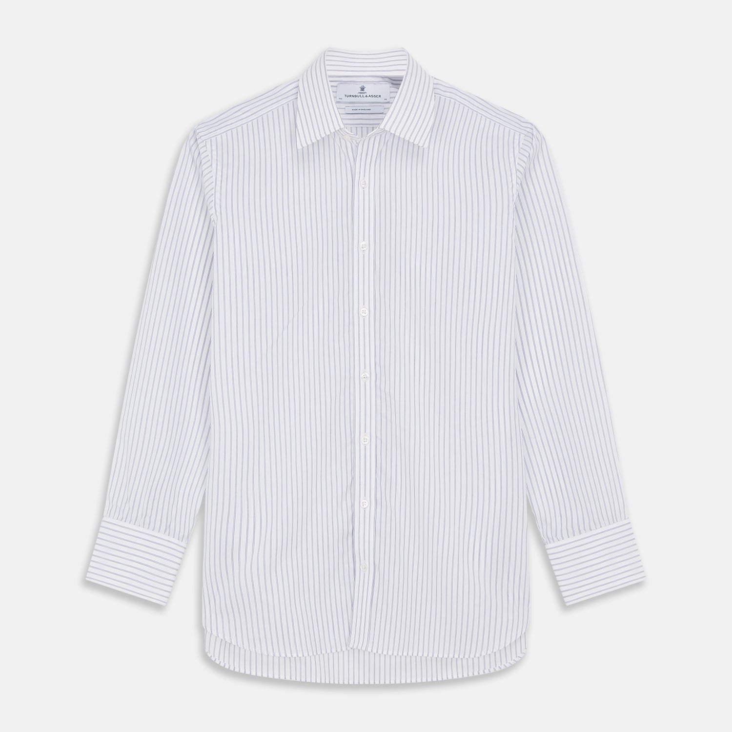 View 1 of product The Turnbull & Asser White and Blue Halo Stripe Cotton Regular Fit Mayfair Shirt features thin vertical stripes, a classic collar, and cuffed long sleeves—an essential men's formal shirt shown laid flat on a white background.