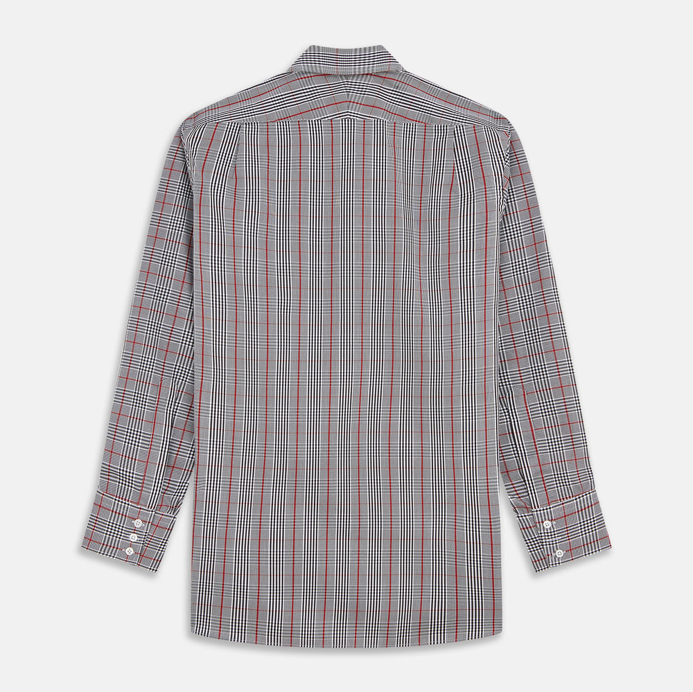 The Turnbull & Asser Black Prince of Wales Check Cotton Regular Fit Mayfair Shirt, featuring a button-up design and pointed collar, is a classic men's wardrobe staple in black, white, and red check.