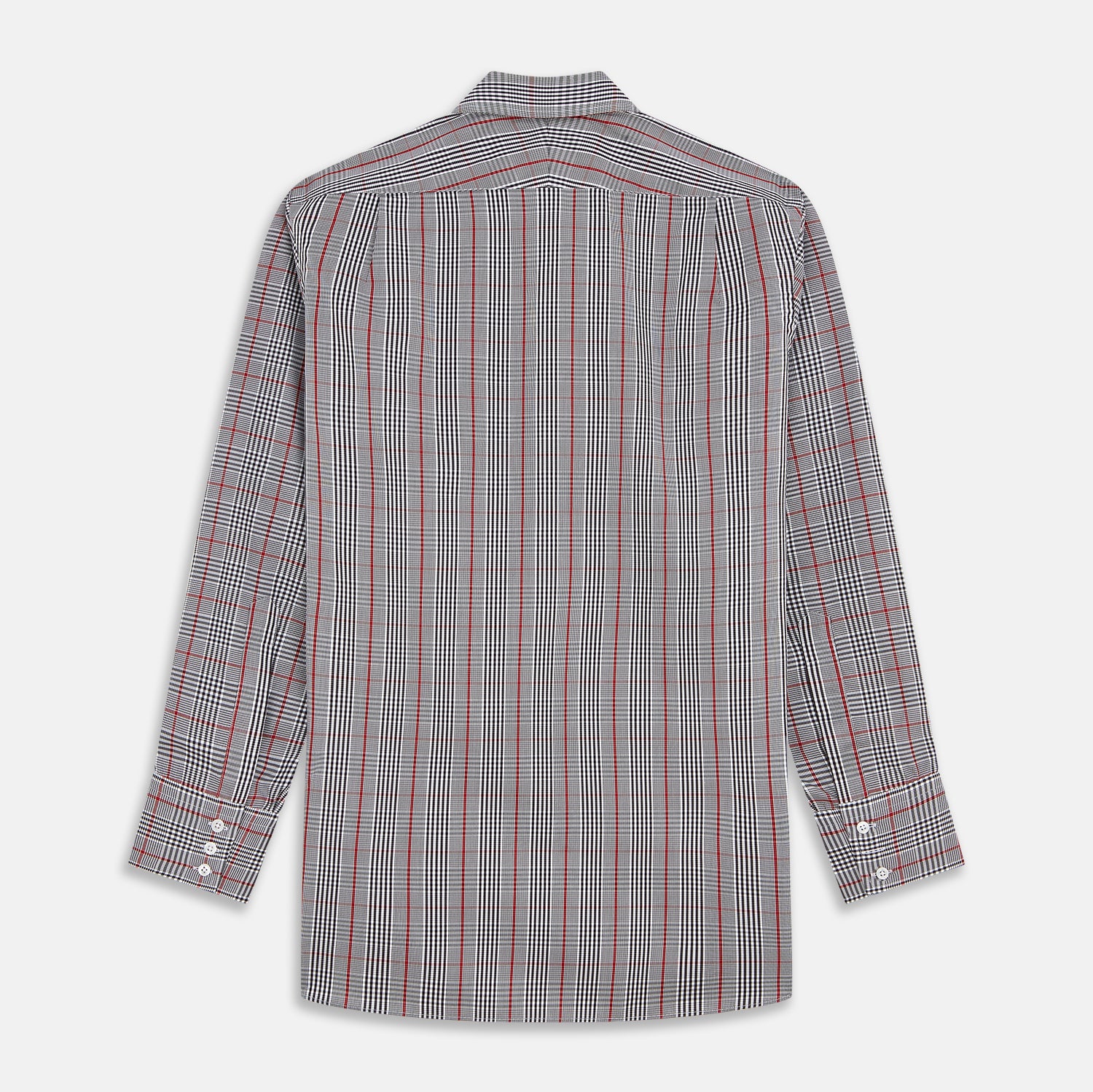 View 5 of product The Turnbull & Asser Black Prince of Wales Check Cotton Regular Fit Mayfair Shirt, featuring a button-up design and pointed collar, is a classic men's wardrobe staple in black, white, and red check.