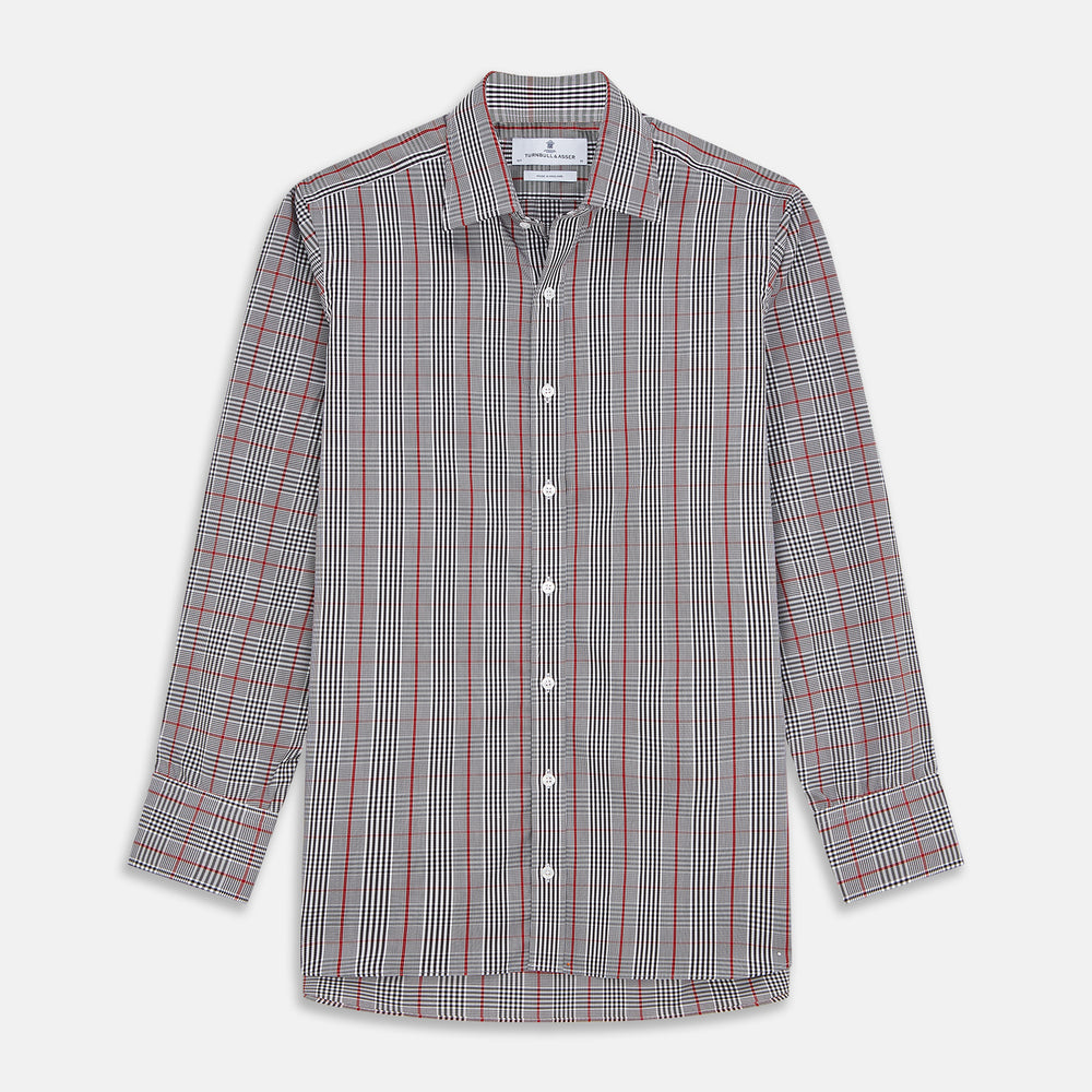 The Turnbull & Asser Black Prince of Wales Check Cotton Regular Fit Mayfair Shirt, featuring a button-up design and pointed collar, is a classic men's wardrobe staple in black, white, and red check.