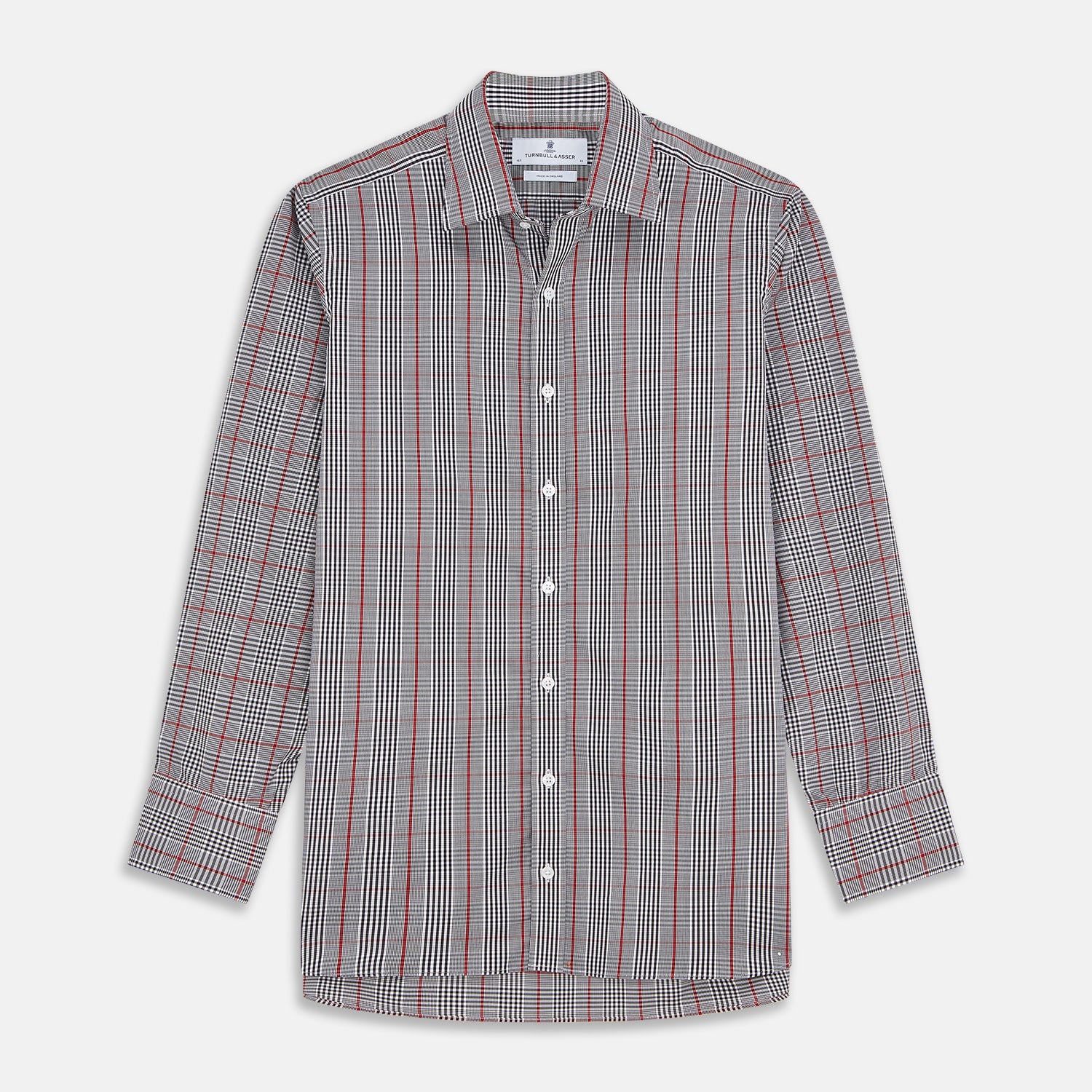 View 1 of product The Turnbull & Asser Black Prince of Wales Check Cotton Regular Fit Mayfair Shirt, featuring a button-up design and pointed collar, is a classic men's wardrobe staple in black, white, and red check.