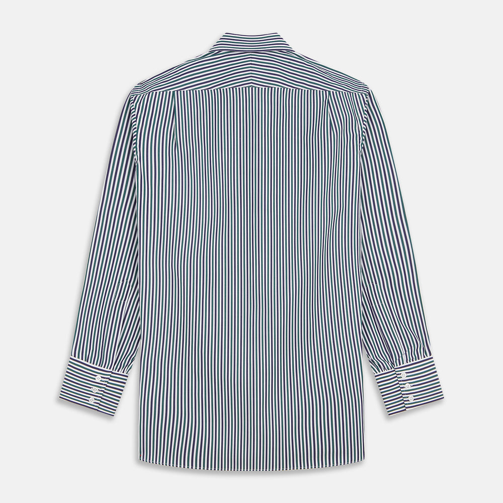 The Turnbull & Asser Green and Blue Stripe Cotton Regular Fit Mayfair Shirt, a collared, long-sleeve button-up, is perfect for any men's wardrobe and is shown on a plain white background.