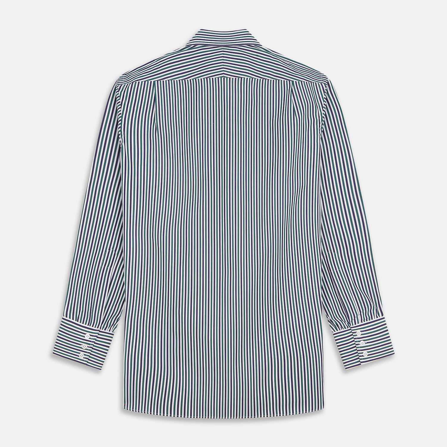 View 5 of product The Turnbull & Asser Green and Blue Stripe Cotton Regular Fit Mayfair Shirt, a collared, long-sleeve button-up, is perfect for any men's wardrobe and is shown on a plain white background.