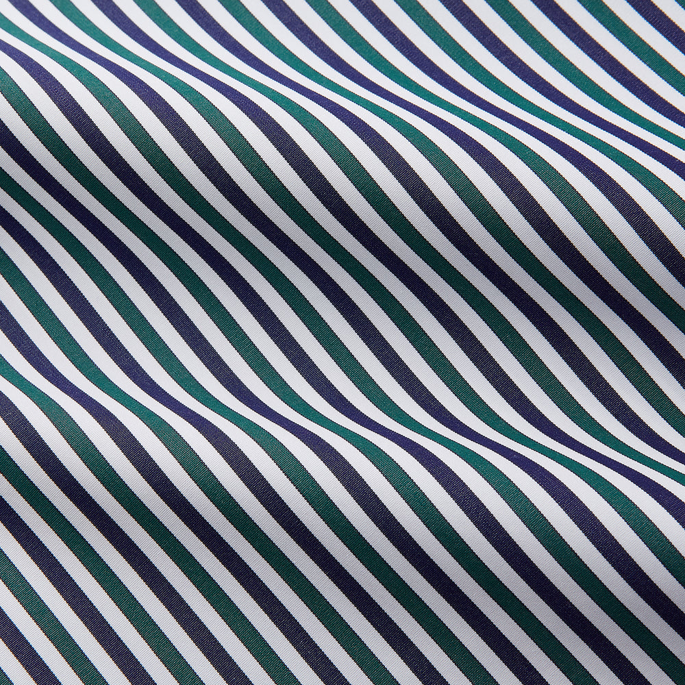 The Turnbull & Asser Green and Blue Stripe Cotton Regular Fit Mayfair Shirt, a collared, long-sleeve button-up, is perfect for any men's wardrobe and is shown on a plain white background.
