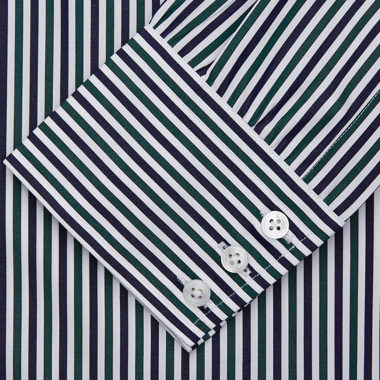 View 2 of product The Turnbull & Asser Green and Blue Stripe Cotton Regular Fit Mayfair Shirt, a collared, long-sleeve button-up, is perfect for any men's wardrobe and is shown on a plain white background.