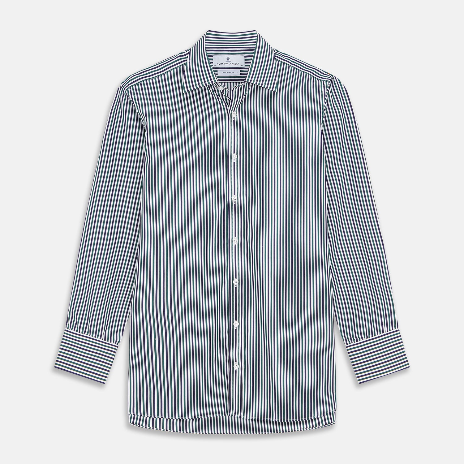 View 1 of product The Turnbull & Asser Green and Blue Stripe Cotton Regular Fit Mayfair Shirt, a collared, long-sleeve button-up, is perfect for any men's wardrobe and is shown on a plain white background.