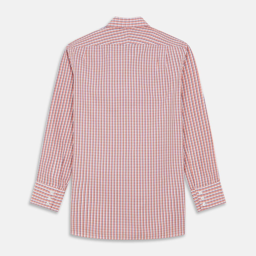The Turnbull & Asser Orange and White Check Cotton Regular Fit Mayfair Shirt features a classic Mayfair collar and white buttons, shown laid flat on a white background.