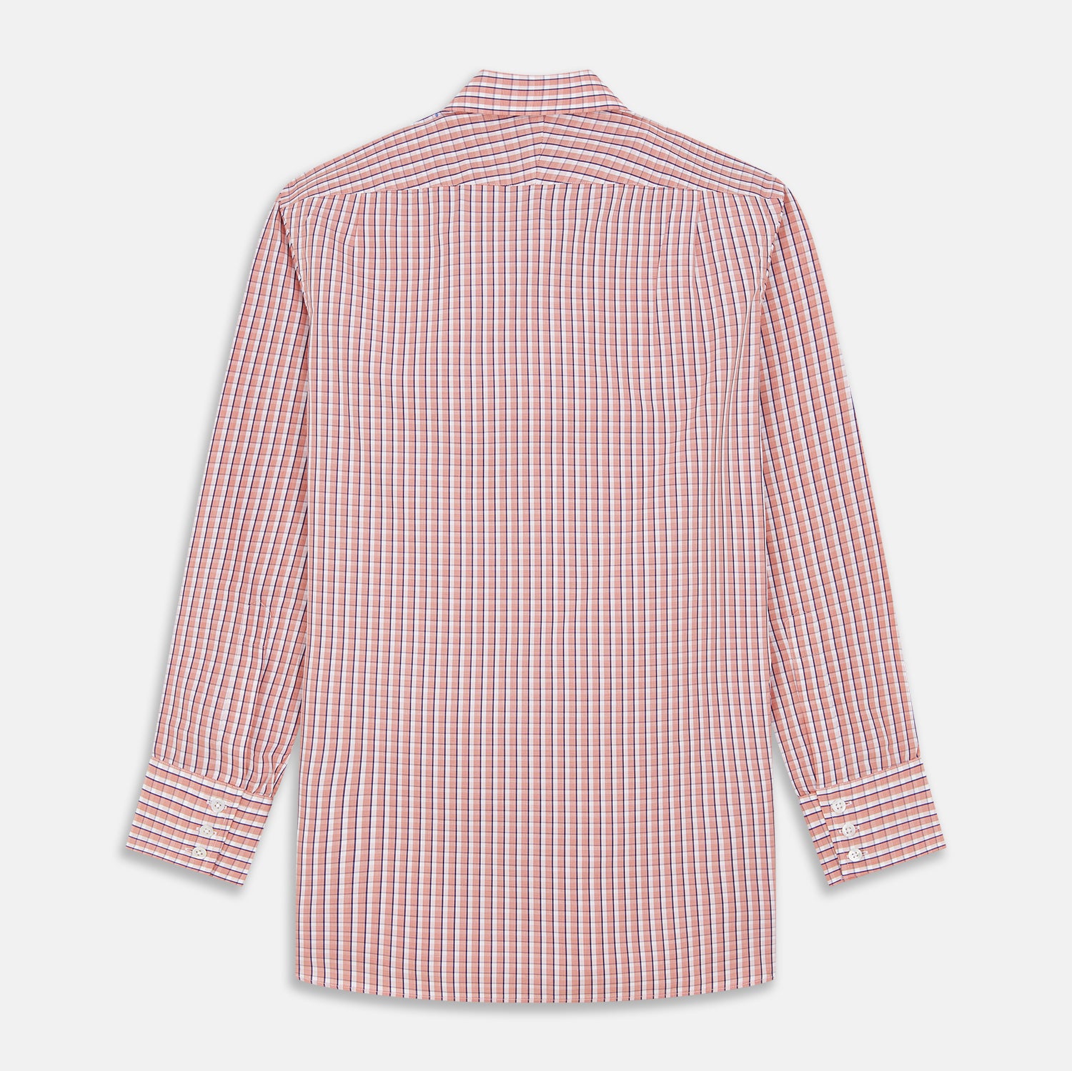 View 5 of product The Turnbull & Asser Orange and White Check Cotton Regular Fit Mayfair Shirt features a classic Mayfair collar and white buttons, shown laid flat on a white background.