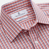 View 3 of product The Turnbull & Asser Orange and White Check Cotton Regular Fit Mayfair Shirt features a classic Mayfair collar and white buttons, shown laid flat on a white background.