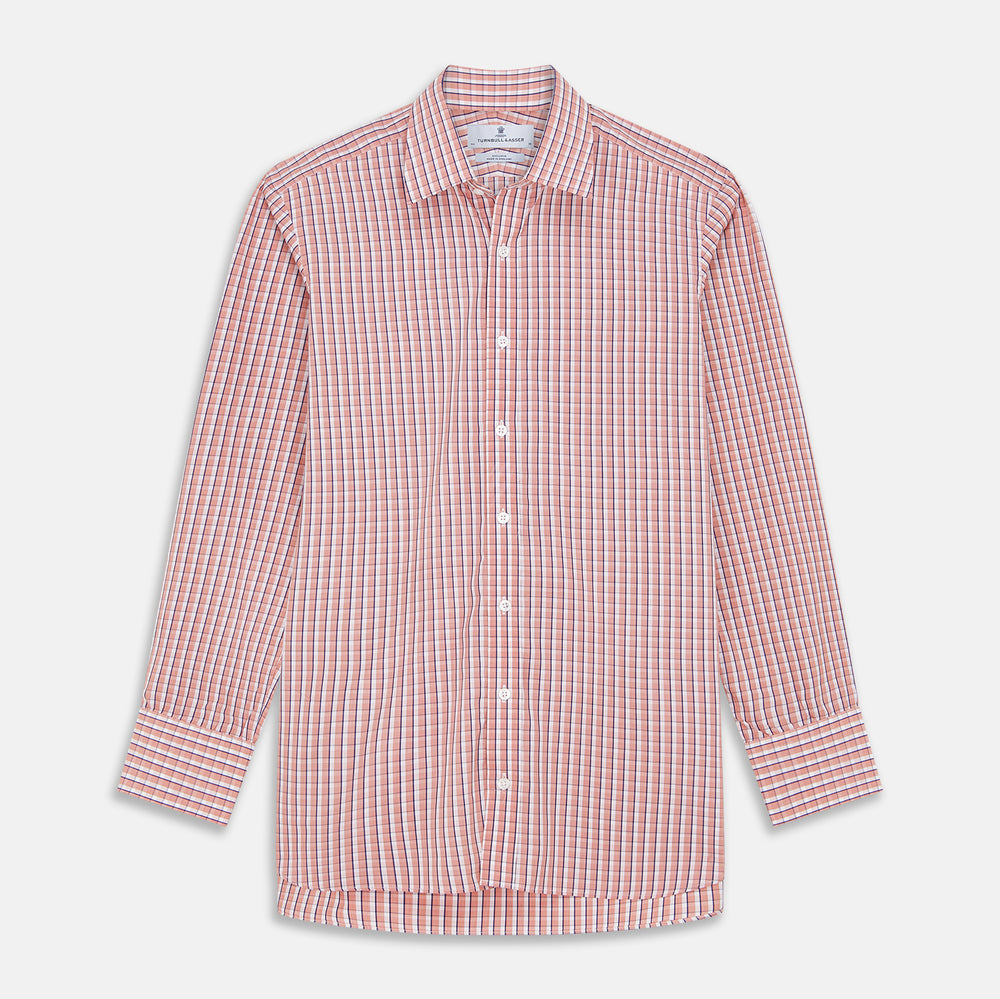 The Turnbull & Asser Orange and White Check Cotton Regular Fit Mayfair Shirt features a classic Mayfair collar and white buttons, shown laid flat on a white background.