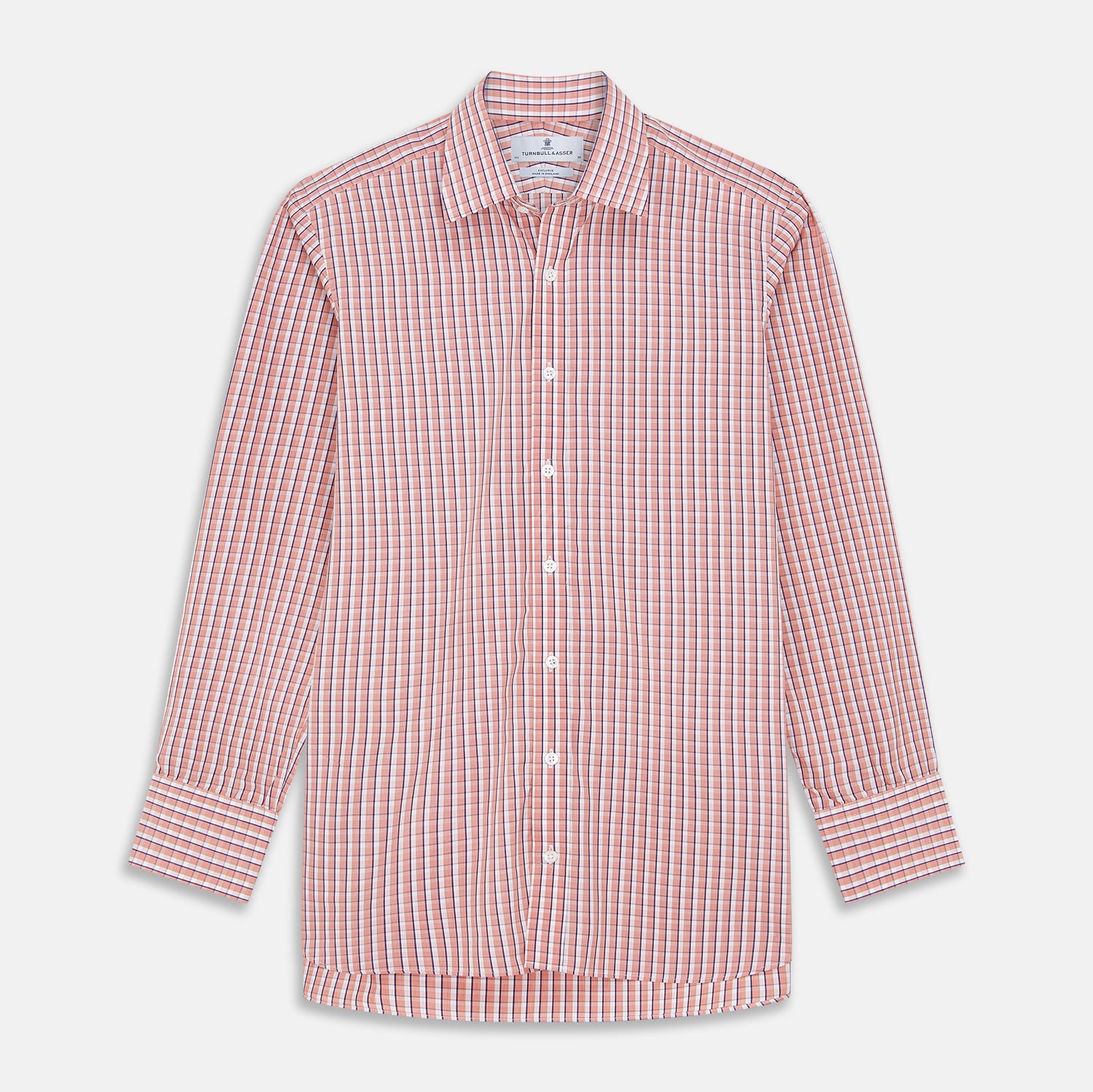 View 1 of product The Turnbull & Asser Orange and White Check Cotton Regular Fit Mayfair Shirt features a classic Mayfair collar and white buttons, shown laid flat on a white background.