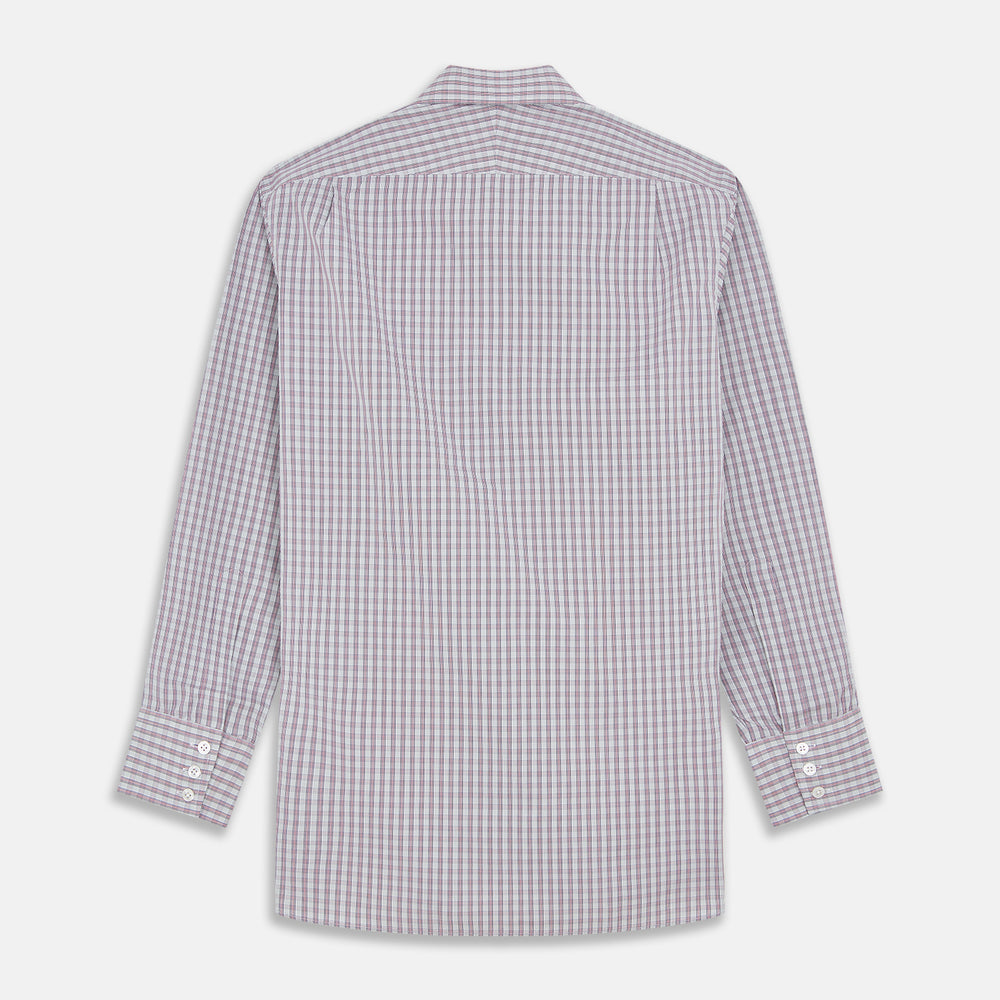 The Turnbull & Asser Red and Blue Check Cotton Regular Fit Mayfair Shirt, featuring long sleeves, a collar, and cuffs, is a classic addition to any men's wardrobe.