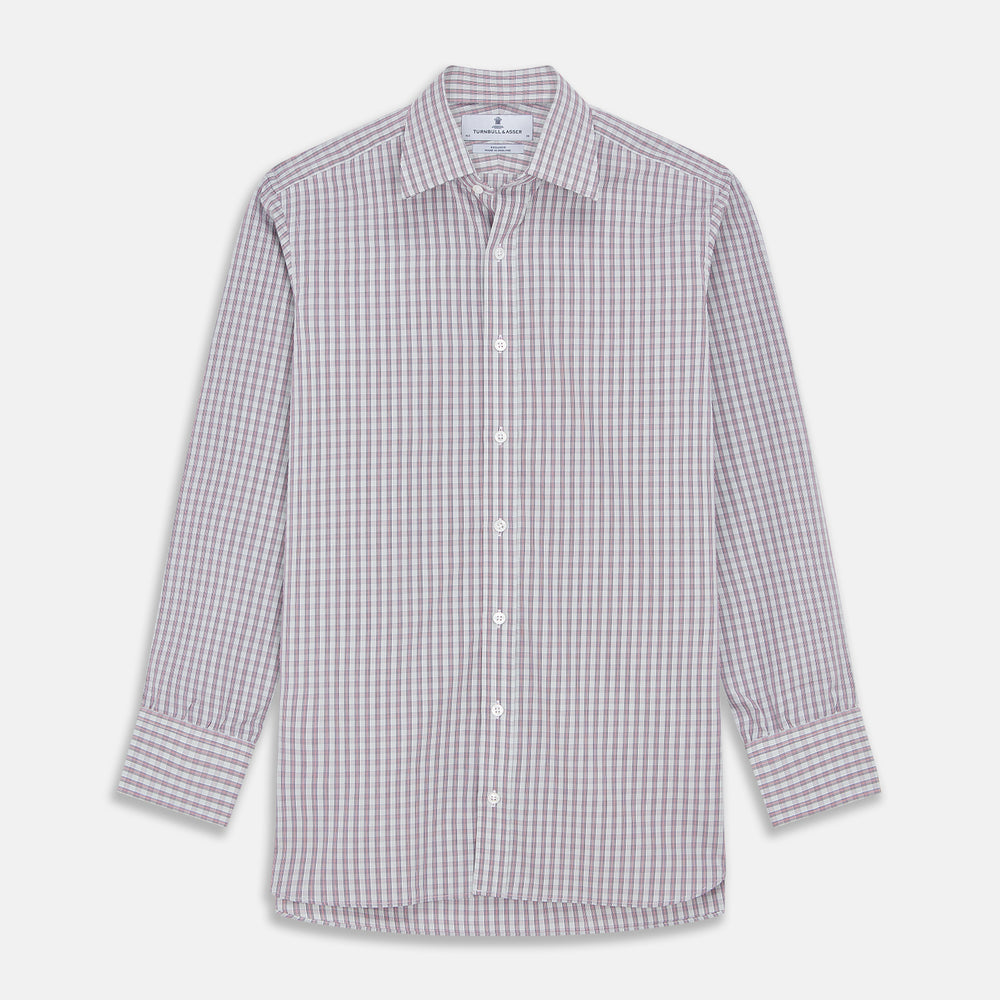 The Turnbull & Asser Red and Blue Check Cotton Regular Fit Mayfair Shirt, featuring long sleeves, a collar, and cuffs, is a classic addition to any men's wardrobe.