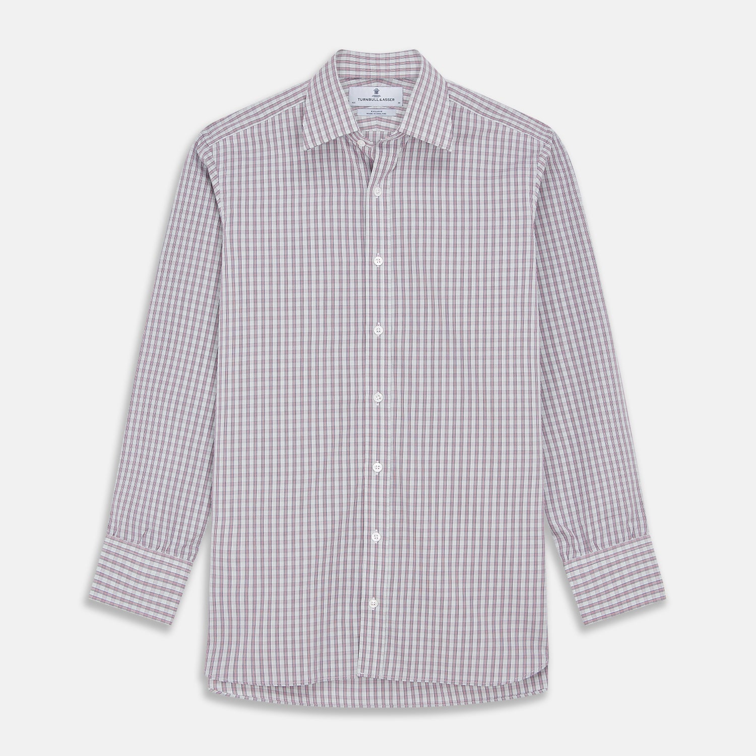 View 1 of product The Turnbull & Asser Red and Blue Check Cotton Regular Fit Mayfair Shirt, featuring long sleeves, a collar, and cuffs, is a classic addition to any men's wardrobe.
