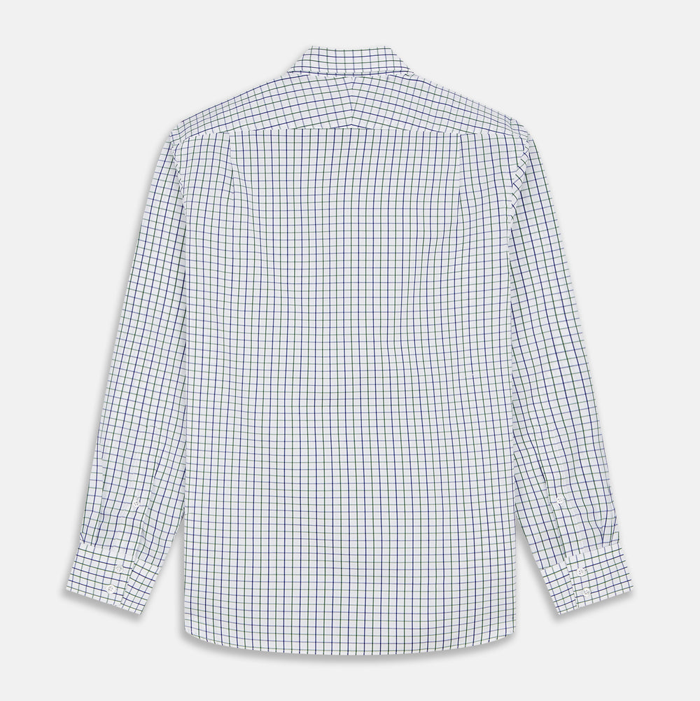 The Turnbull & Asser Green and Blue Check Cotton Tailored Fit Shelton Shirt for men features a crisp white base with a green and blue check pattern, shown laid flat on a white background.