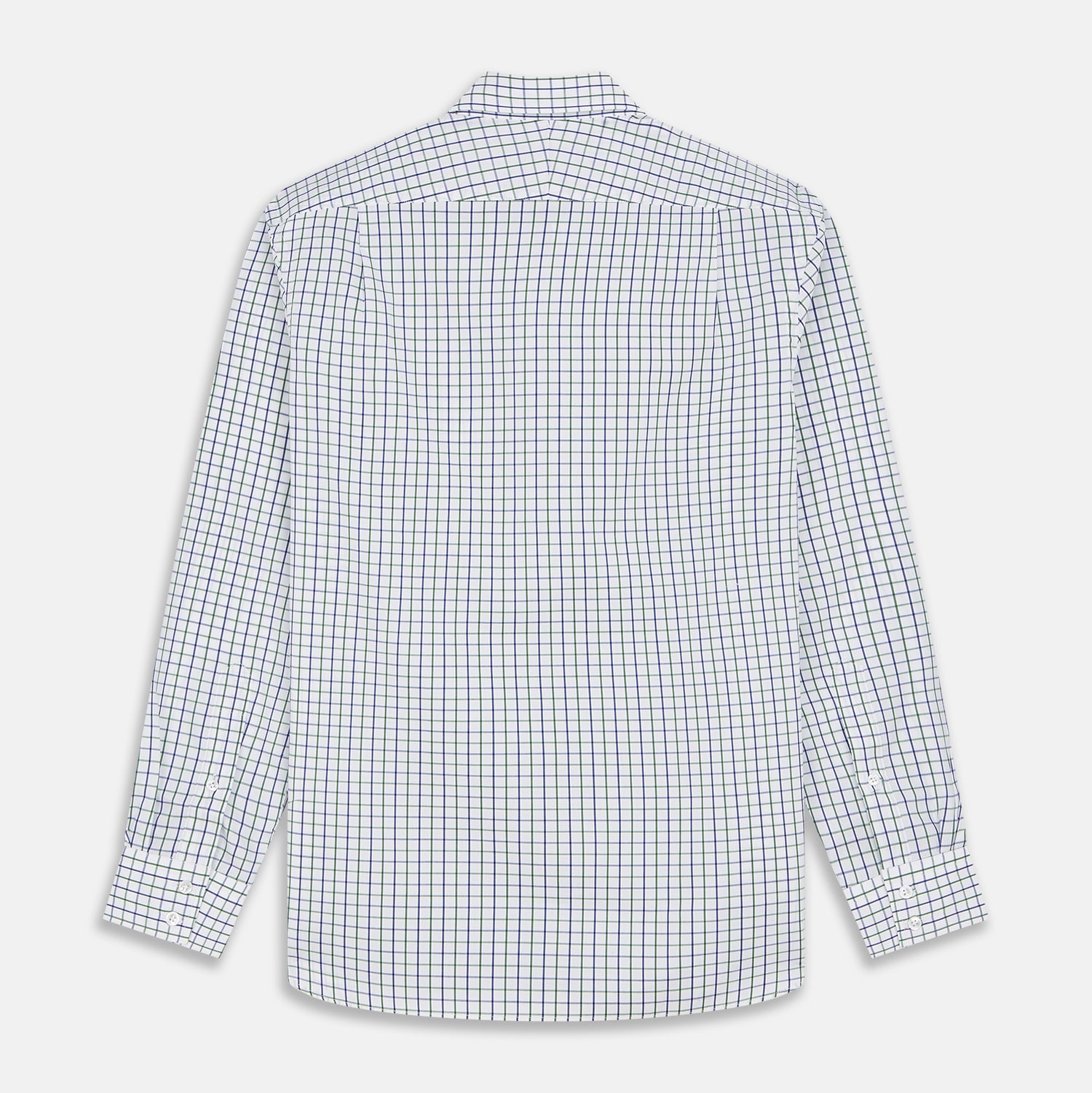 View 5 of product The Turnbull & Asser Green and Blue Check Cotton Tailored Fit Shelton Shirt for men features a crisp white base with a green and blue check pattern, shown laid flat on a white background.