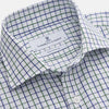 View 2 of product The Turnbull & Asser Green and Blue Check Cotton Tailored Fit Shelton Shirt for men features a crisp white base with a green and blue check pattern, shown laid flat on a white background.