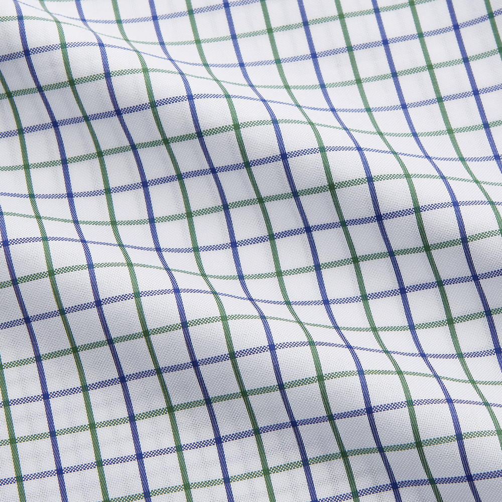 The Turnbull & Asser Green and Blue Check Cotton Tailored Fit Shelton Shirt for men features a crisp white base with a green and blue check pattern, shown laid flat on a white background.