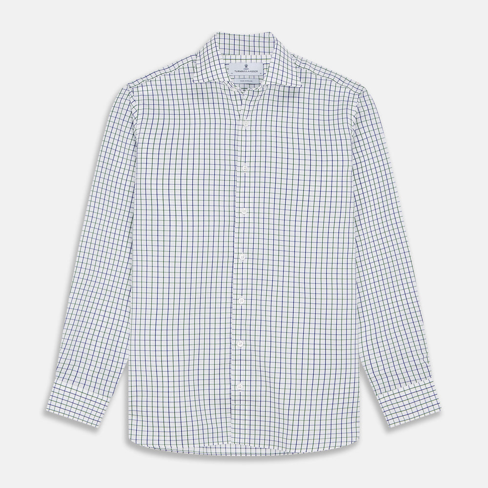 The Turnbull & Asser Green and Blue Check Cotton Tailored Fit Shelton Shirt for men features a crisp white base with a green and blue check pattern, shown laid flat on a white background.