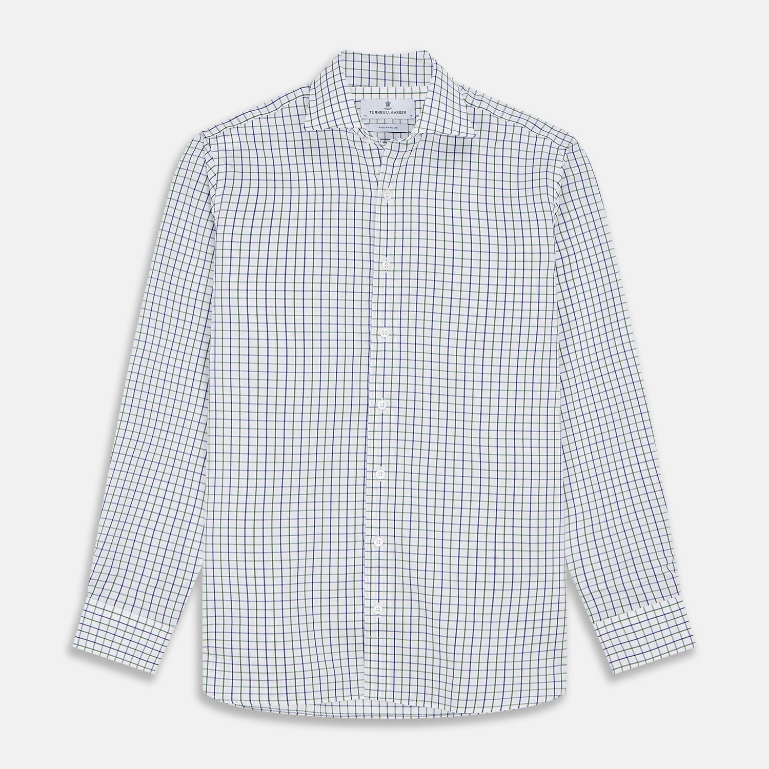 View 1 of product The Turnbull & Asser Green and Blue Check Cotton Tailored Fit Shelton Shirt for men features a crisp white base with a green and blue check pattern, shown laid flat on a white background.