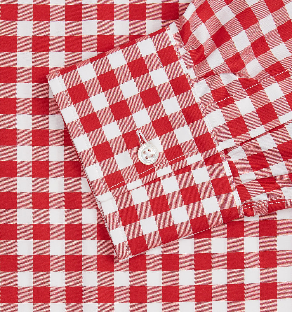 The Turnbull & Asser Burgundy Multi Check Cotton Weekend Fit Hayne Shirt is a long-sleeve style with a Dorset collar and red-and-white gingham checks, shown laid flat on a white background.