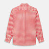 View 5 of product The Turnbull & Asser Burgundy Multi Check Cotton Weekend Fit Hayne Shirt is a long-sleeve style with a Dorset collar and red-and-white gingham checks, shown laid flat on a white background.