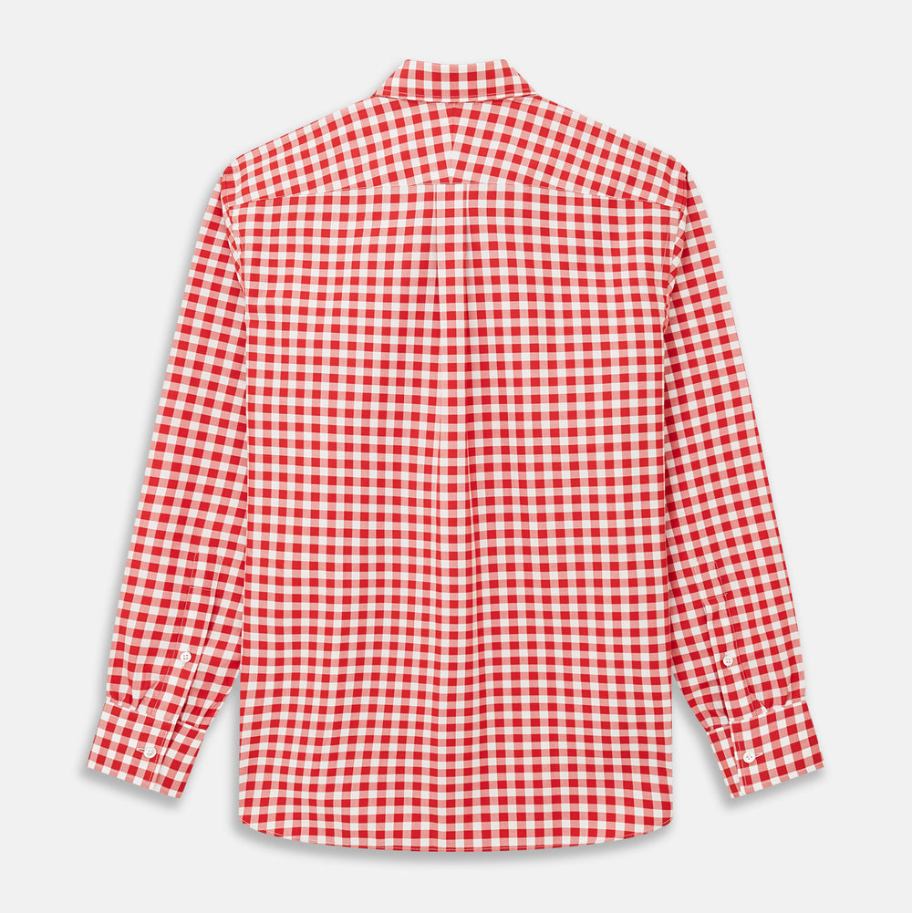 The Turnbull & Asser Burgundy Multi Check Cotton Weekend Fit Hayne Shirt is a long-sleeve style with a Dorset collar and red-and-white gingham checks, shown laid flat on a white background.