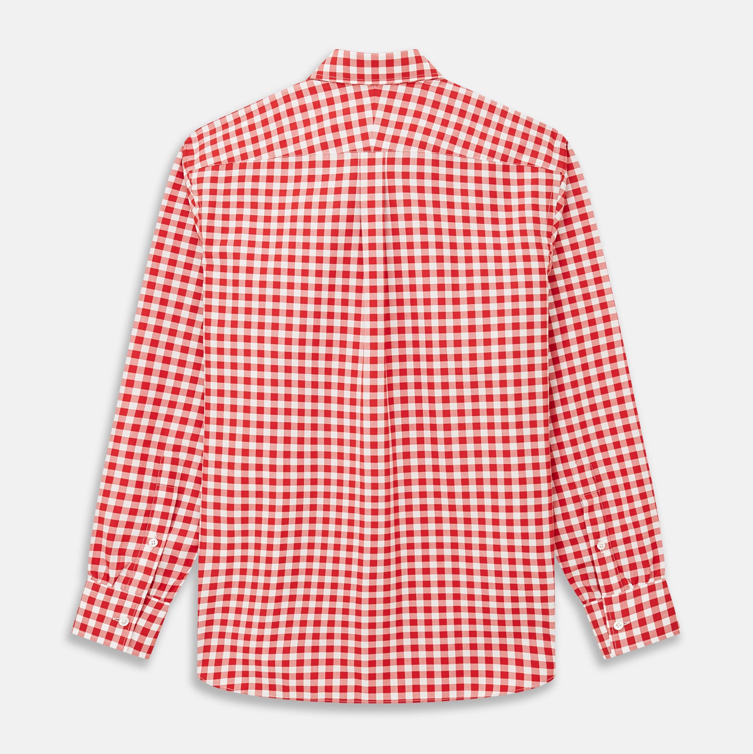 View 5 of product The Turnbull & Asser Burgundy Multi Check Cotton Weekend Fit Hayne Shirt is a long-sleeve style with a Dorset collar and red-and-white gingham checks, shown laid flat on a white background.